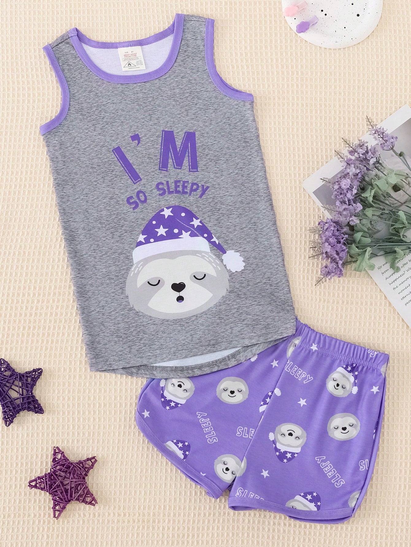 2pcs Tween Girl Snug Fit Pajamas, Cute Slouchy Sloth Printed Tank Top And Shorts Set For Summer, Sleeveless Home Clothing