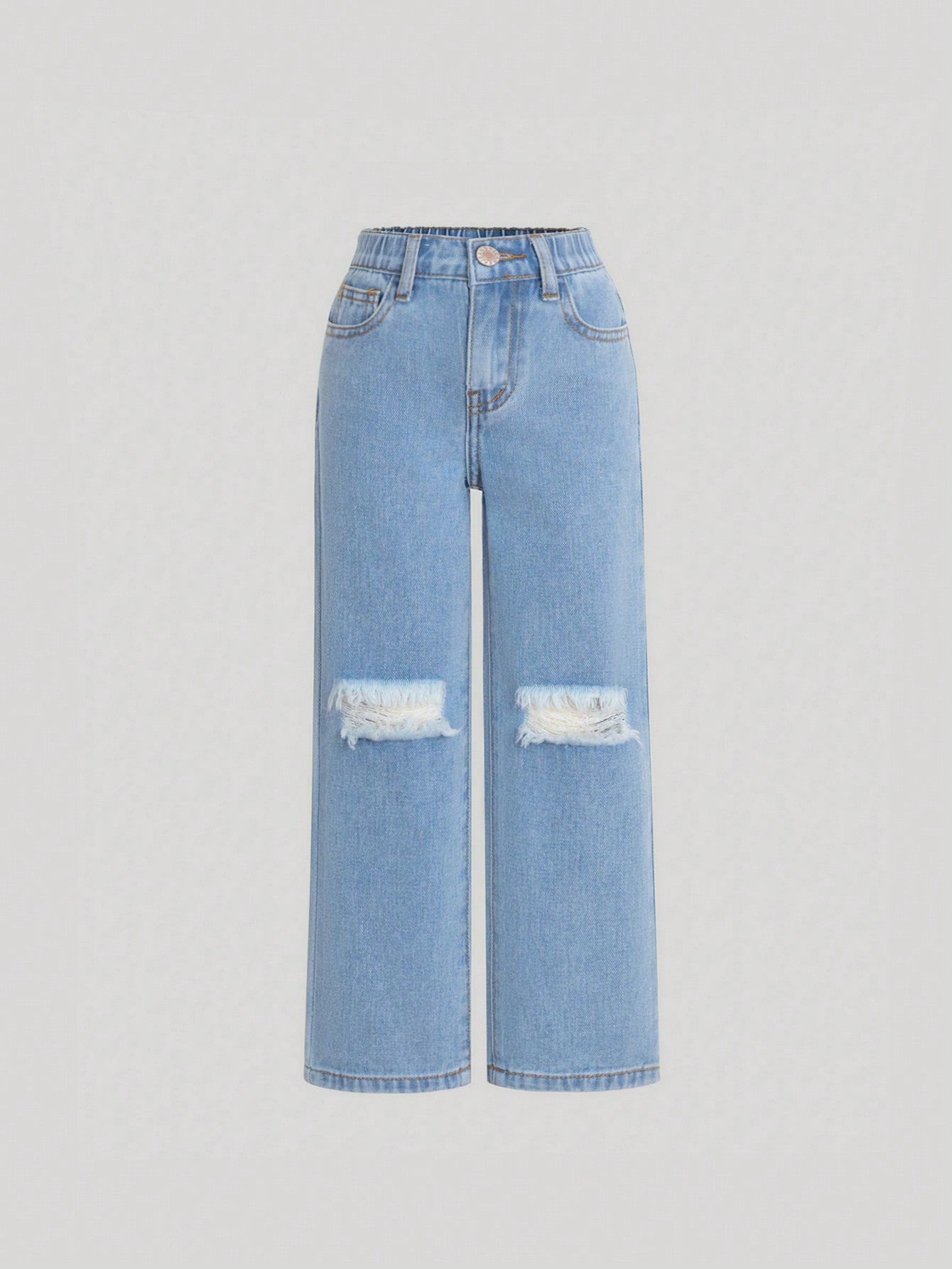 Young Girl All-Match Wide-Leg Denim Pants With Distressed Details, Casual And Versatile