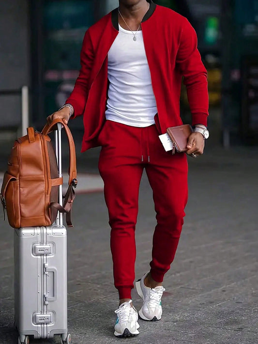 Men Spring Solid Color Jacket And Jogger Pants Two-Piece Set