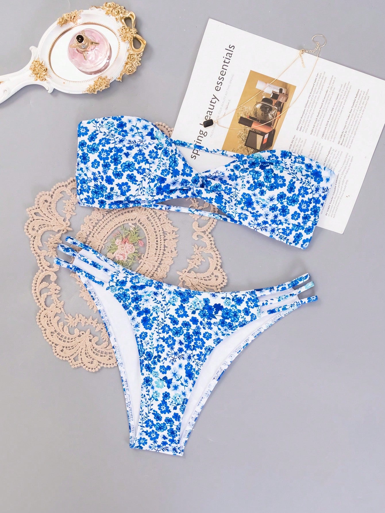 Swim Mod Summer Beach Floral Print Bandeau Bikini Set