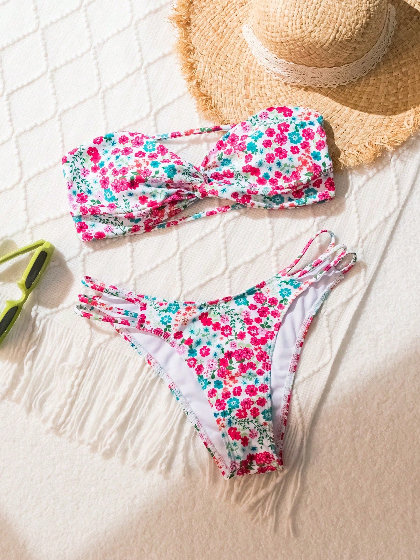 Swim Mod Summer Beach Floral Print Bandeau Bikini Set