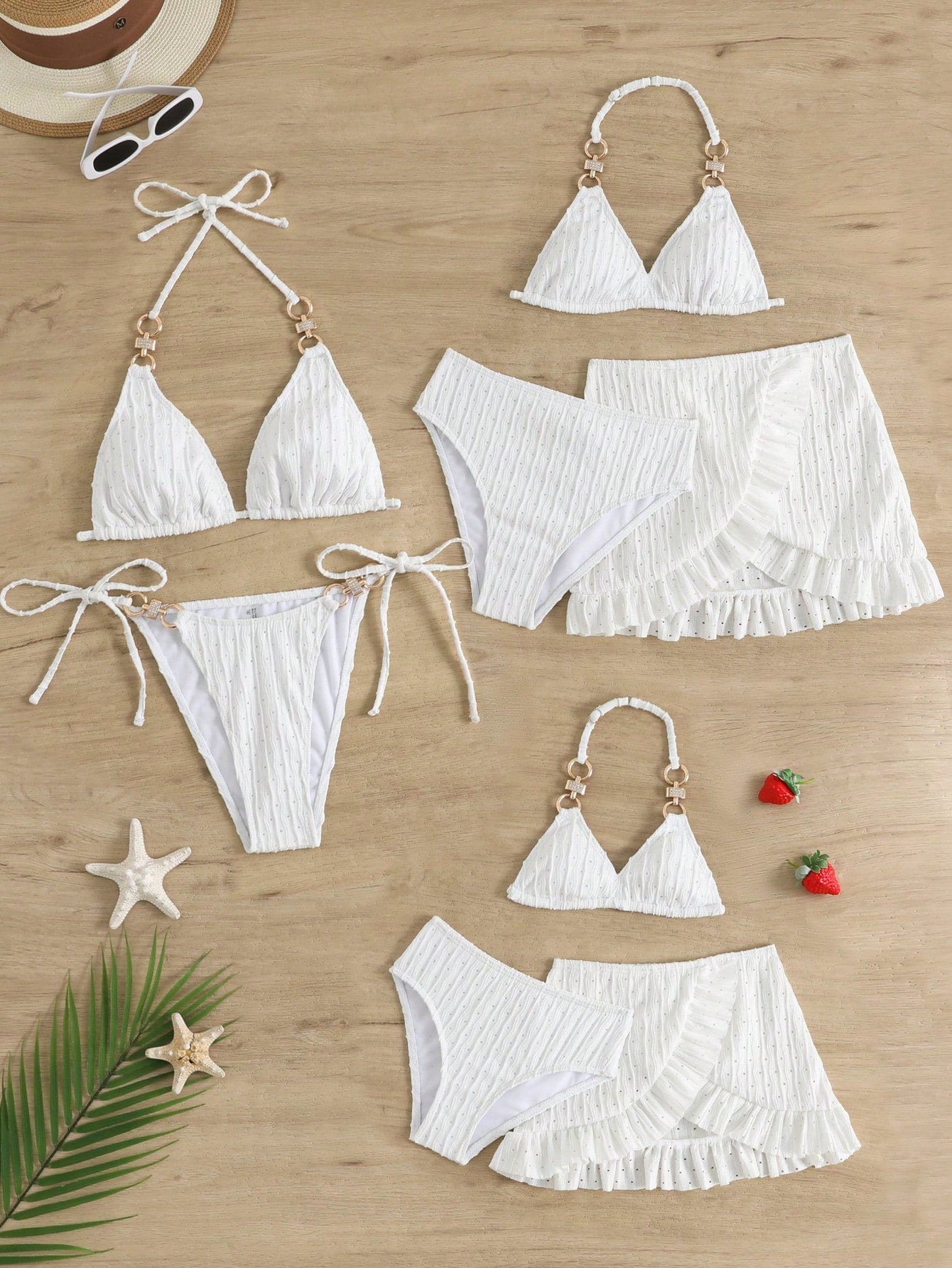 Young Girl 3pcs/Set Solid Color Cute Triangle Bralette & Triangle Bikini Set Bottom & Ruffled Mini Skirt Bikini Set With Hollow-Out Design For Summer Summer Beach