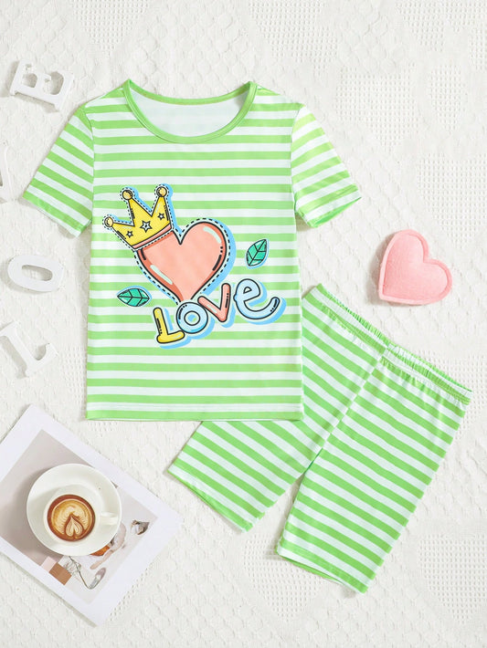 Tween Girl Green Heart & Letter Striped Short Sleeve T-Shirt With Shorts Casual 2pcs Home Wear Set