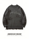 Unisex Letter & Star Embroidery Distressed Fringe Loose Knitted Pullover Sweater, Casual Streetwear, Versatile, Suitable For Spring, Autumn And Winter