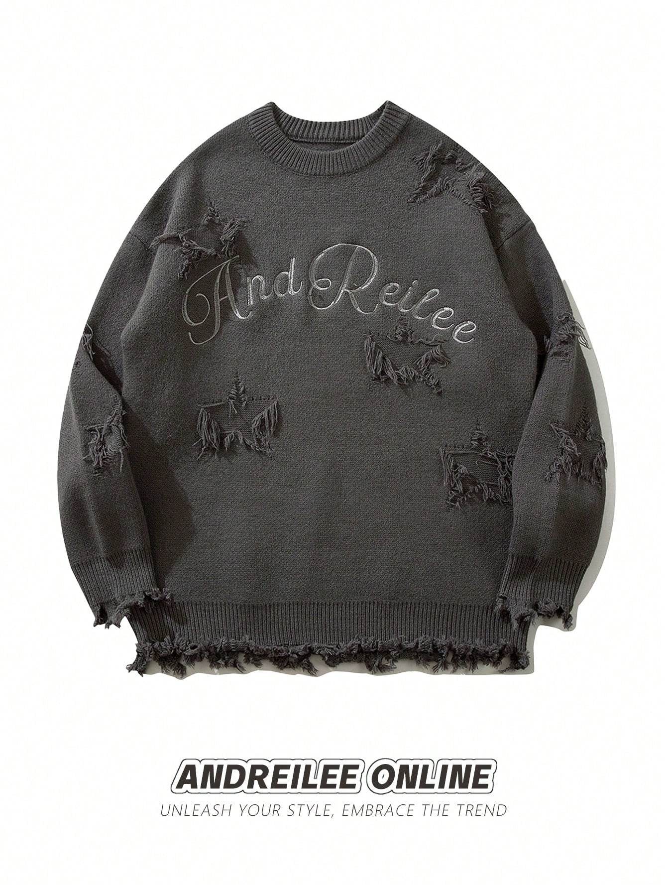 Men Letter Embroidery Drop Shoulder Distressed Sweater