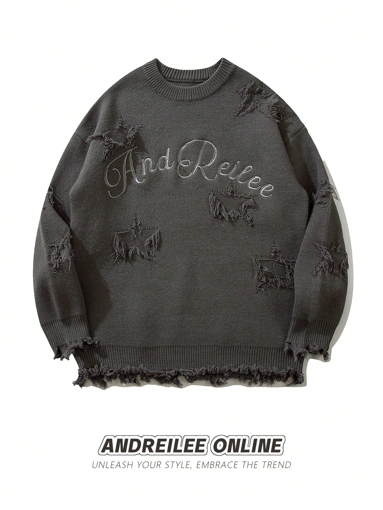 Men Letter Embroidery Drop Shoulder Distressed Sweater