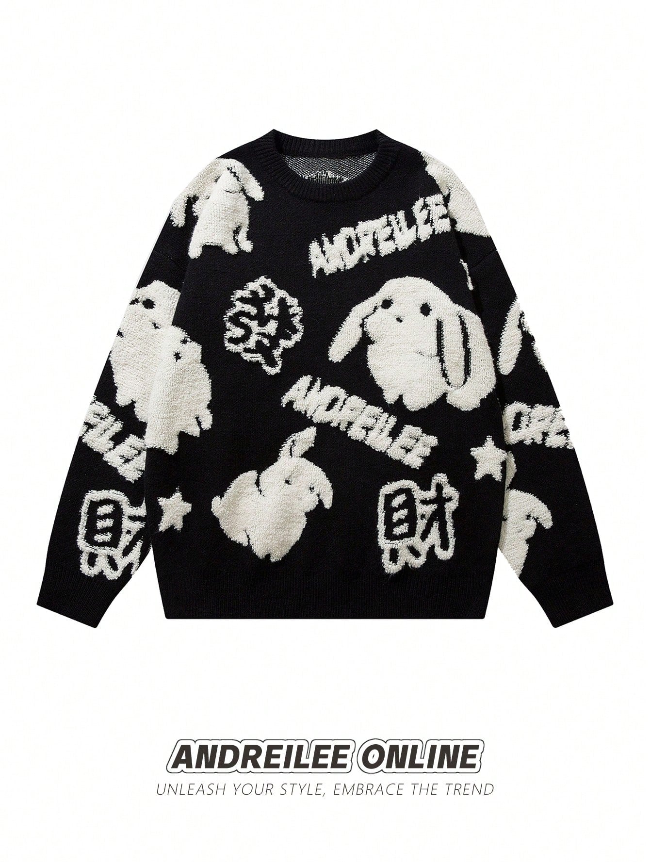 Men's Rabbit & Letter Print Drop Shoulder Sweater