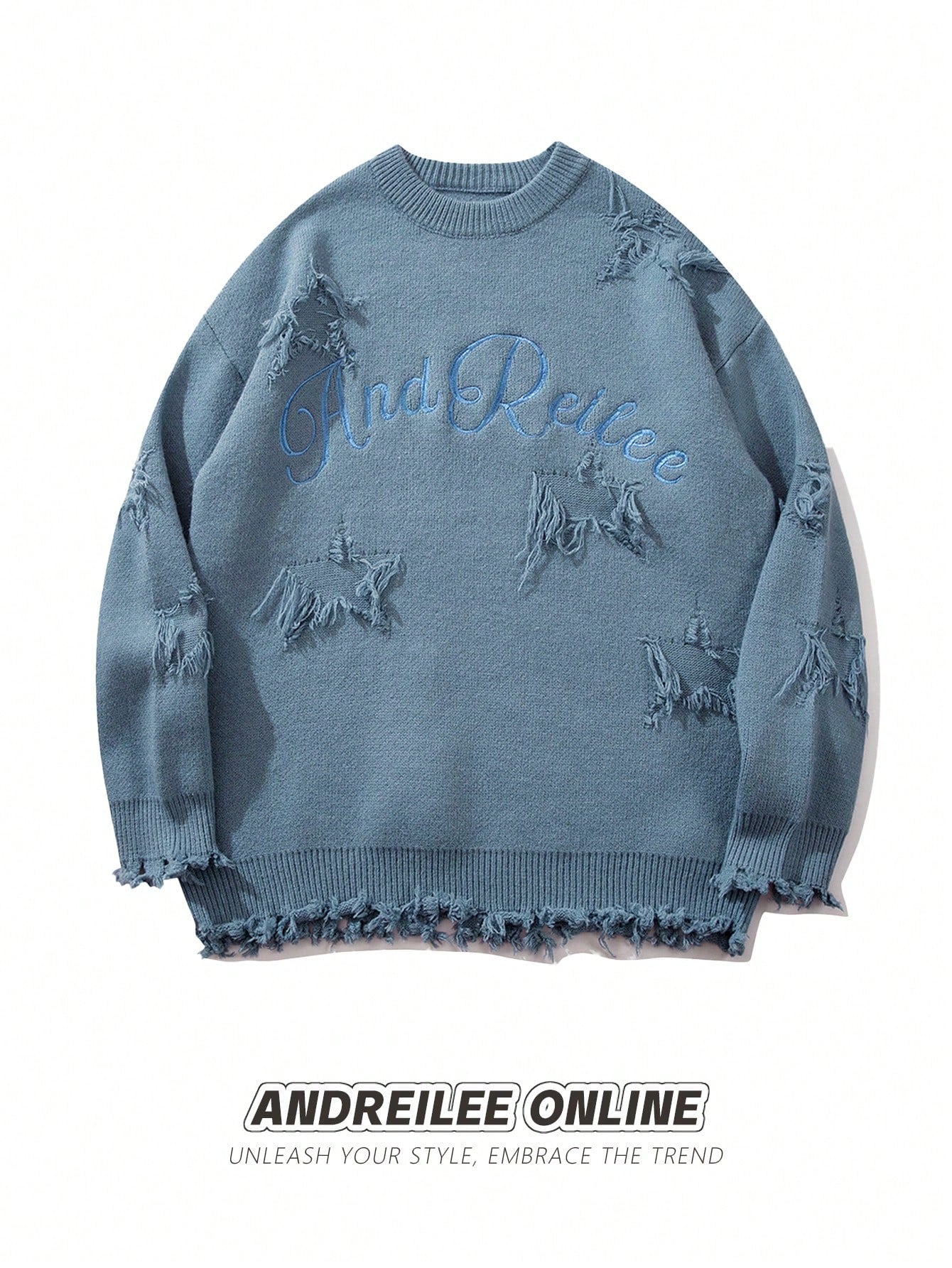 Men Letter Embroidery Drop Shoulder Distressed Sweater