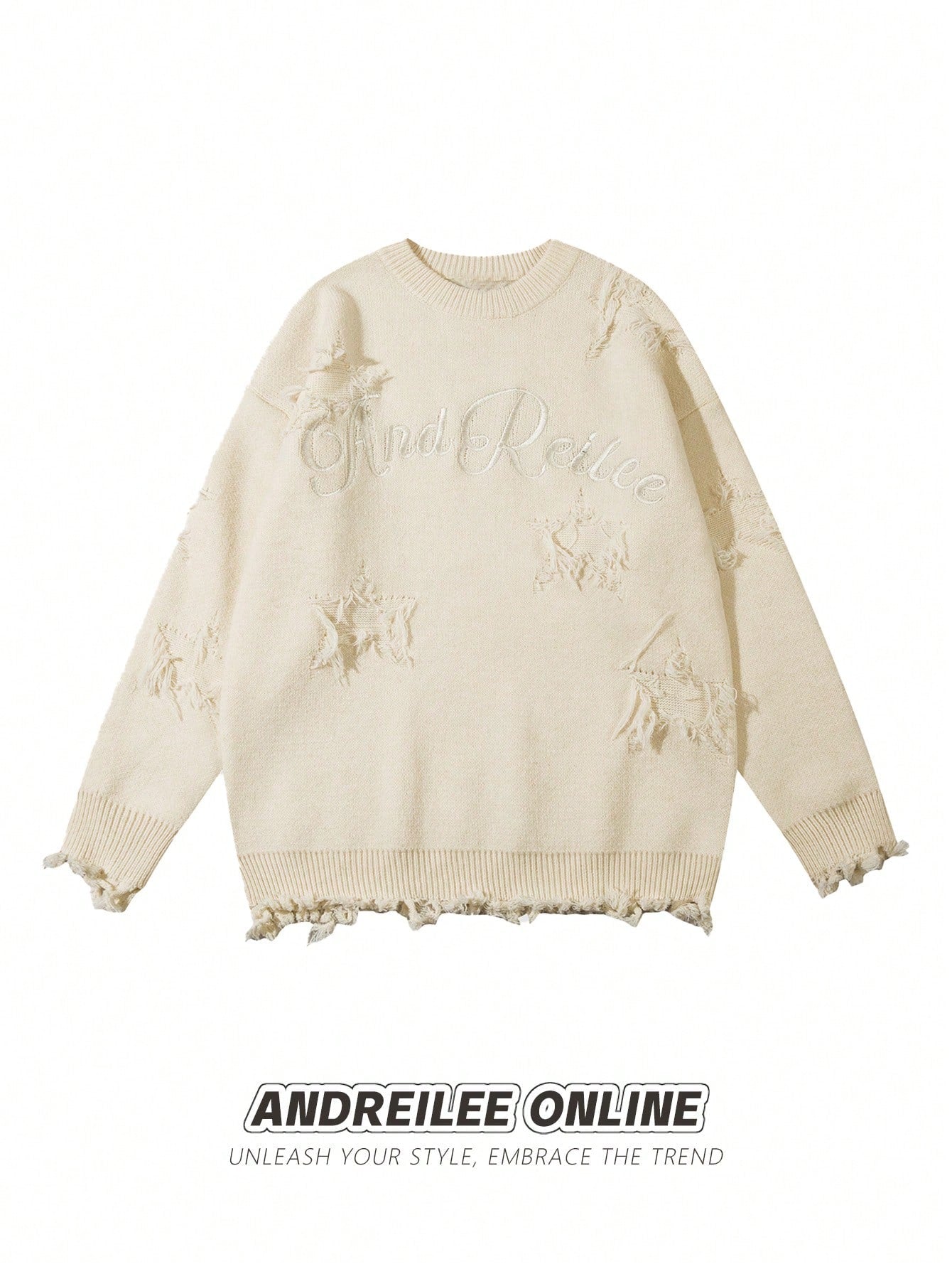 Unisex Casual Loose Fit Knitted Sweater With Letter, Star, Distressed And Tassel Details, Suitable For Spring, Autumn And Winter