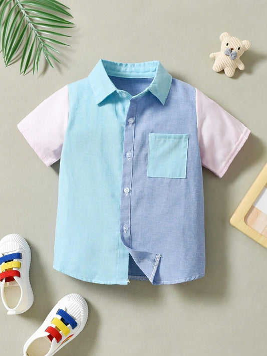 Young Boys' Colorblock Patchwork Shirt Single-Breasted Stylish Casual Short Sleeve Shirt Children Cardigan Formal Dress Gentleman Collar Dress