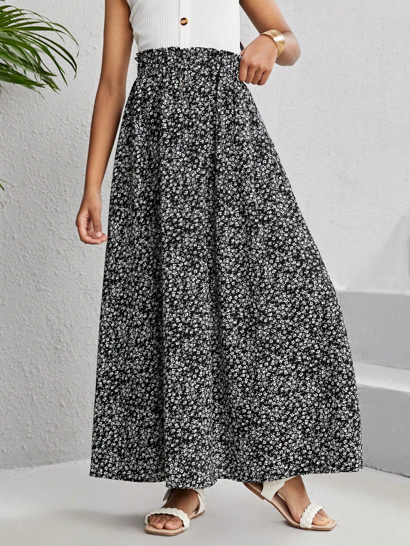 Tween Girl Floral Printed Woven Loose Fit Skirt For Summer Vacation And Daily Casual Wear