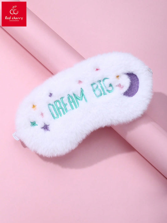 1pc Simple White Elastic Sleep Eye Mask With Embroidered Star, Moon & Alphabet Pattern For Girls, Suitable For Daily Use