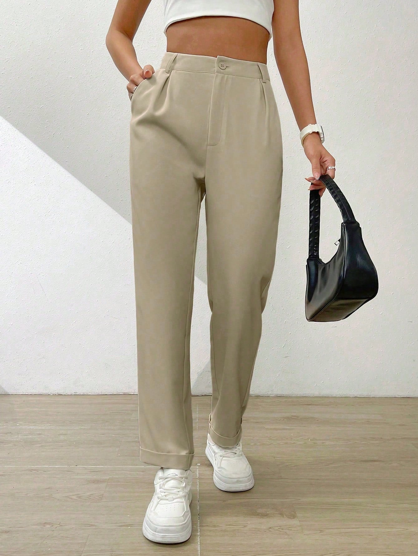 Solid Fold Pleated Slant Pocket Pants