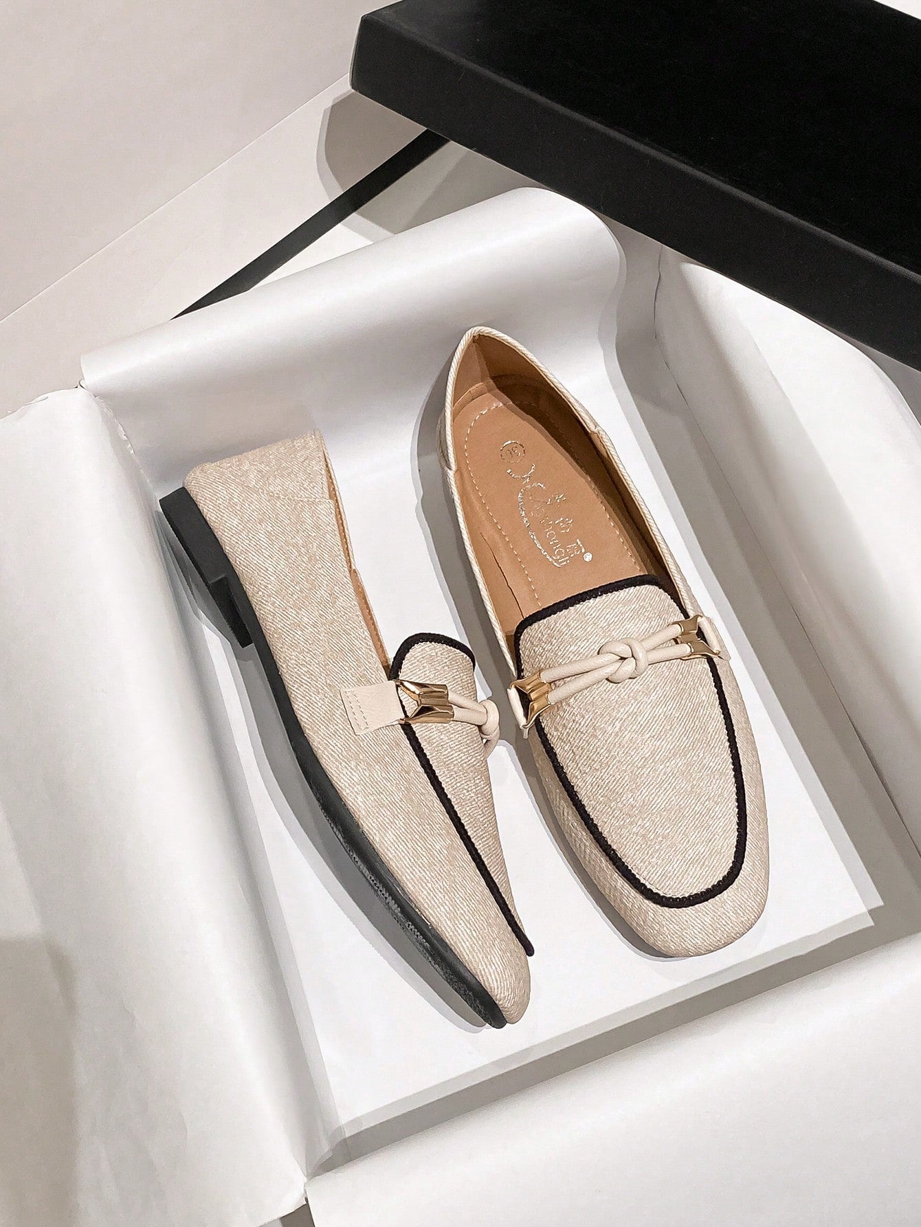 Women Knot Decor Square Toe Loafer Flats, Elegant Beige Color Block Flat Shoes