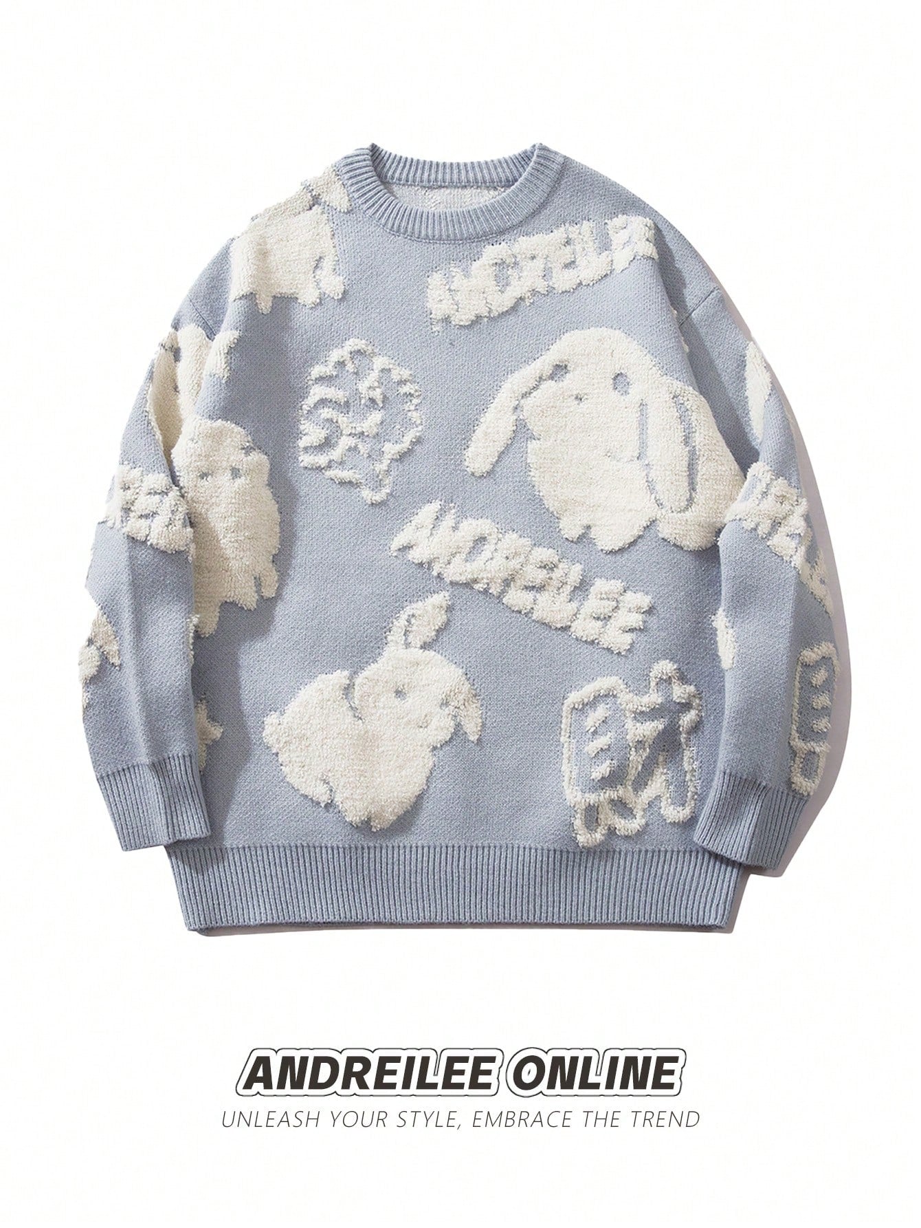 Men's Rabbit & Letter Print Drop Shoulder Sweater