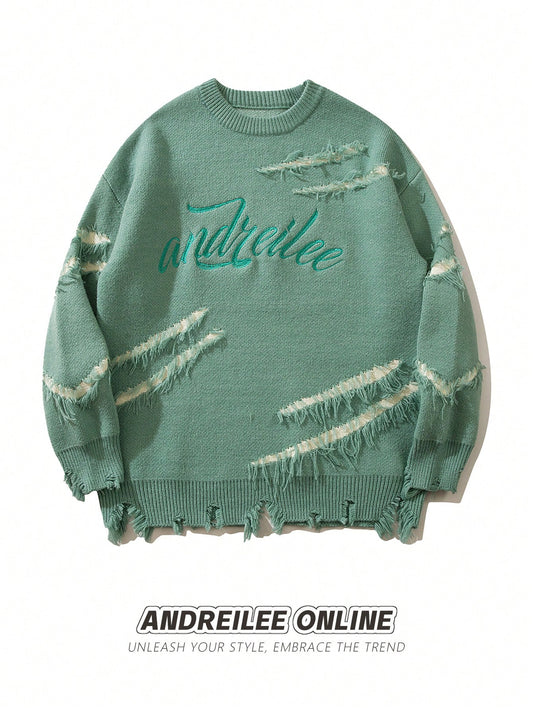 Men's Distressed Sweater With Letter Embroidery And Fringe Details