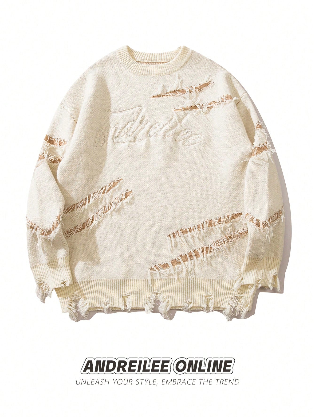 Men's Distressed Sweater With Letter Embroidery And Fringe Details