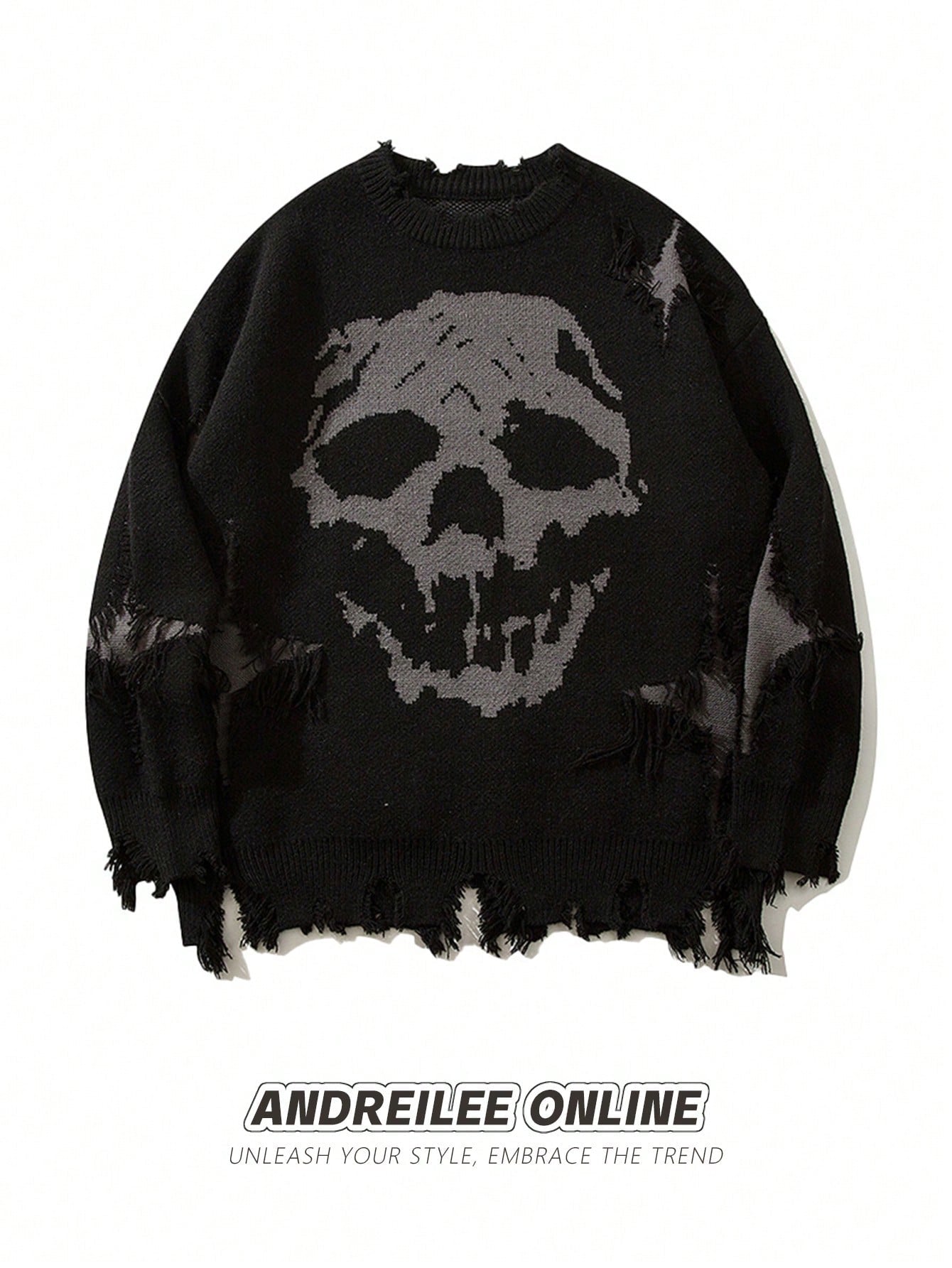 Men's Skull Casual Sweater With Distressed Detail, Tassel Trim & Round Neck