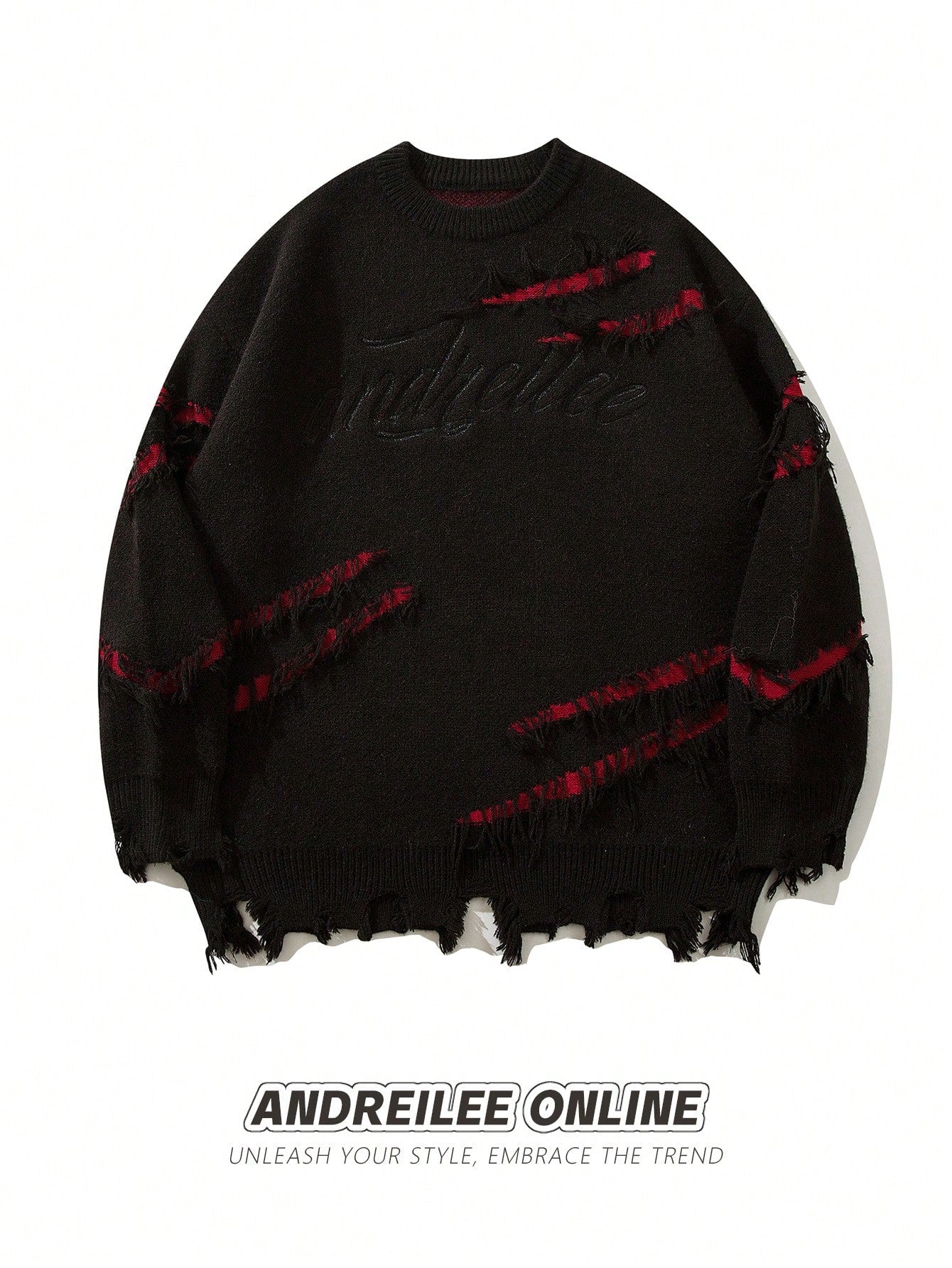 Men's Distressed Sweater With Letter Embroidery And Fringe Details