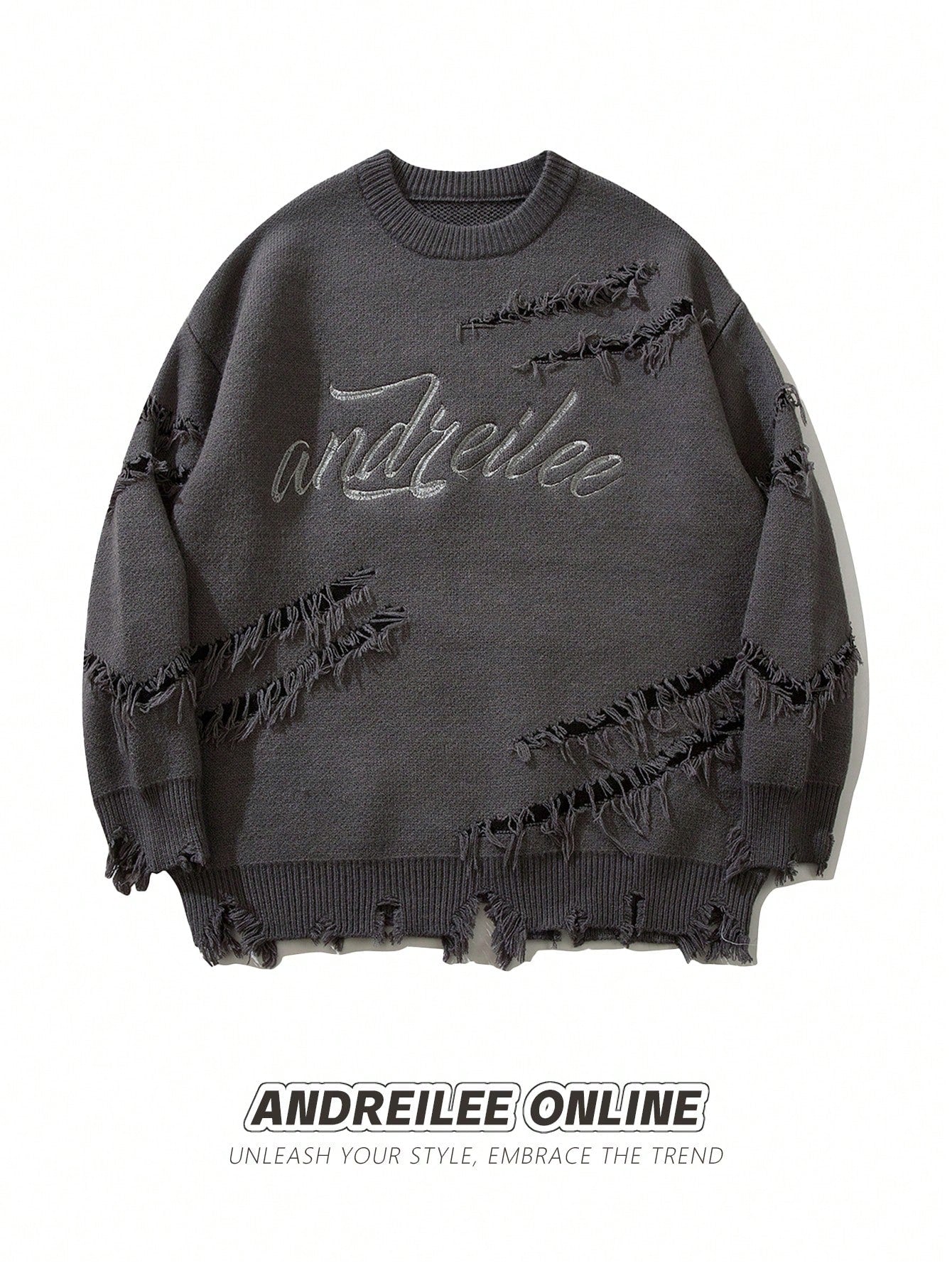 Men's Distressed Sweater With Letter Embroidery And Fringe Details