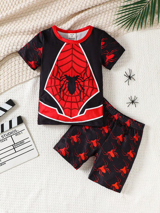 Young Boy 2pcs/Set Casual Spider Print Short Sleeve Top And Spider Print Shorts With Laser Markings, Tight-Fitting Home Wear