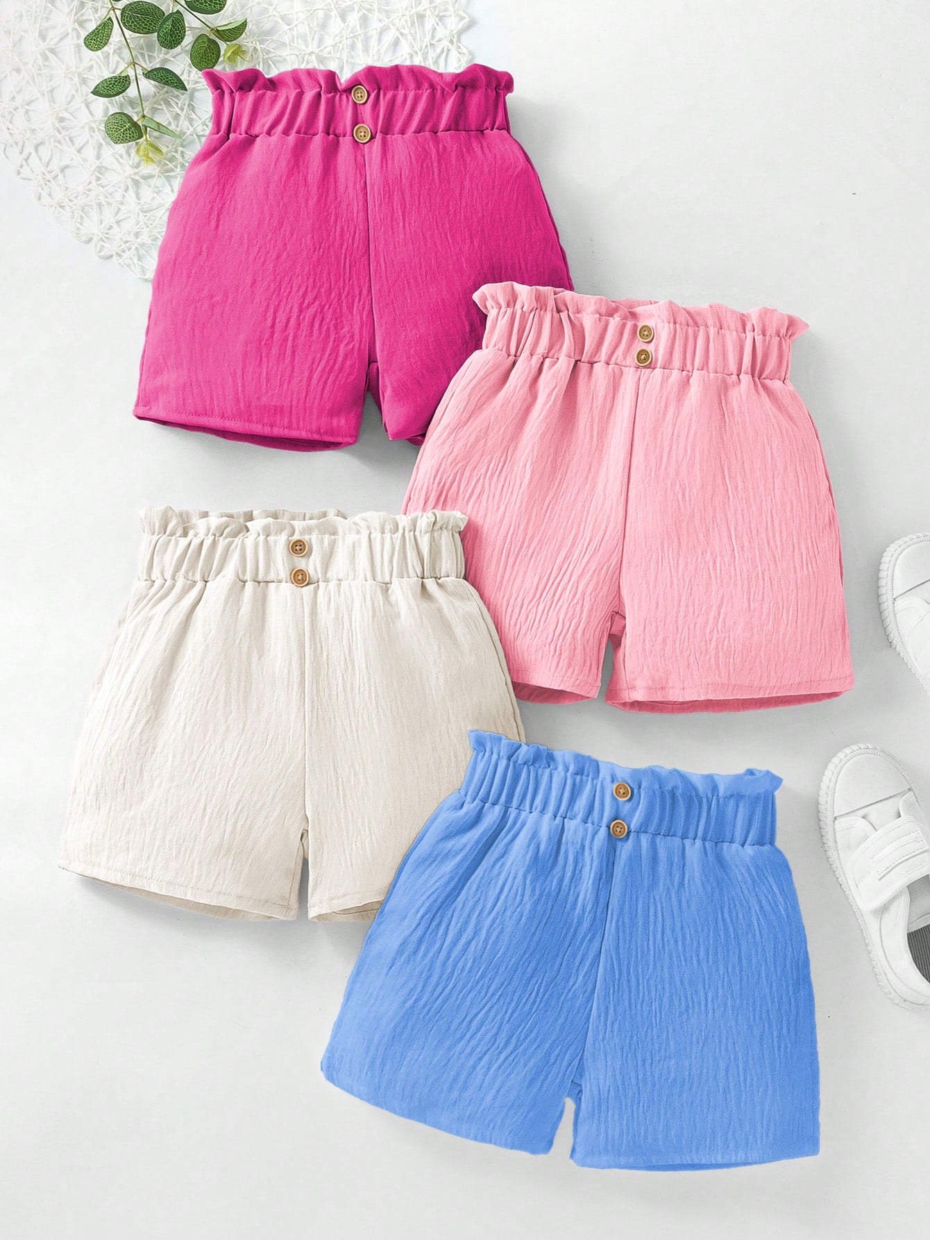 Young Girls' Simple Style Casual Elastic Waistband Shirred Shorts Four-Piece Set For Summer