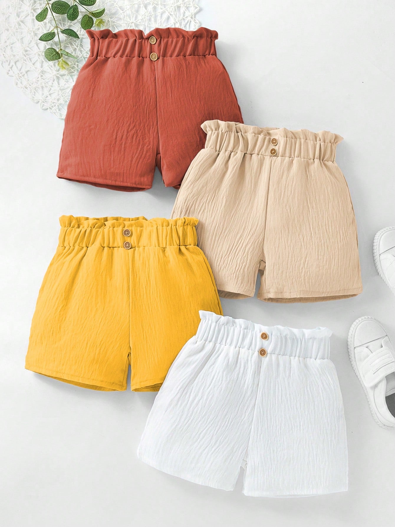 Young Girls' Simple Style Casual Elastic Waistband Shirred Shorts Four-Piece Set For Summer