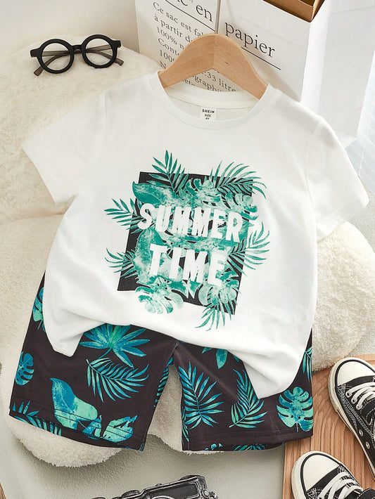 Tween Boys Extended Size Casual Holiday Pattern Printed Short Sleeve T-Shirt And Shorts 2pcs Set