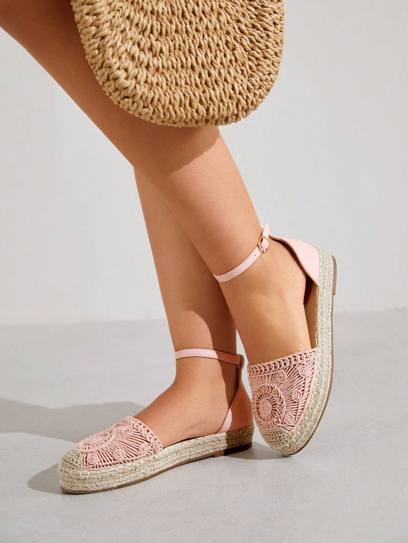 Styleloop Woman Shoes Geometric Textured Espadrille Ankle Strap Flats For Summer Vacation Shoes Summer Sale  Back To School Shoes College Student Shoes Boho Feels Vintage Cottagecore Frenchy Shoes Halloween