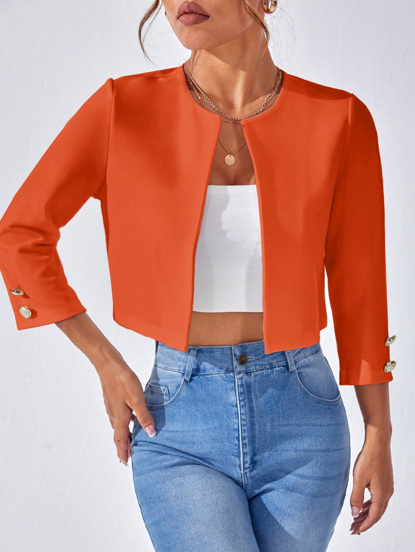 1pc Solid Open Front Crop Jacket