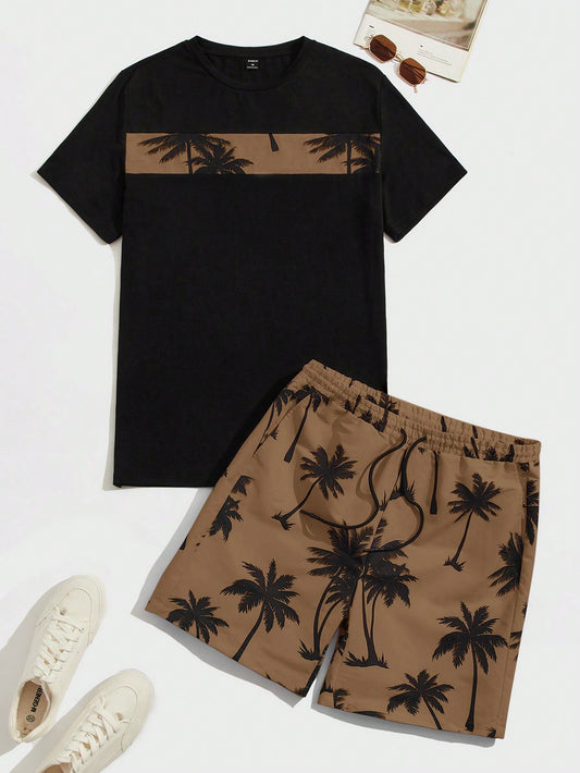 Men's Tropical Print Colorblock Knitted T-Shirt And Drawstring Waist Shorts Set