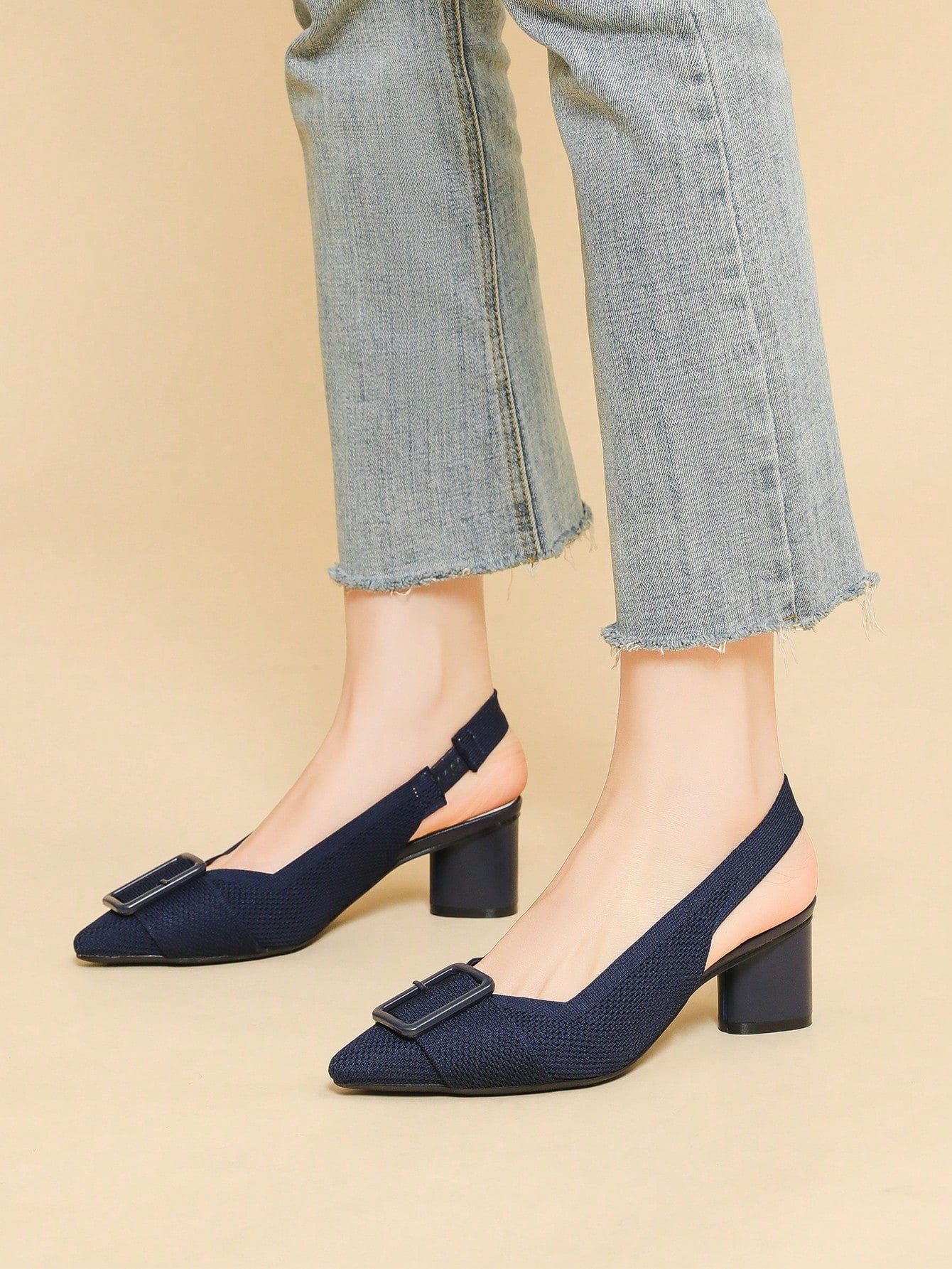 Women High-Heeled Sandals With Buckle, Pointed Toe, Shallow Mouth, Solid Color, Thick Heel, Casual Large Size, Breathable Fabric, High-Heeled Shoes