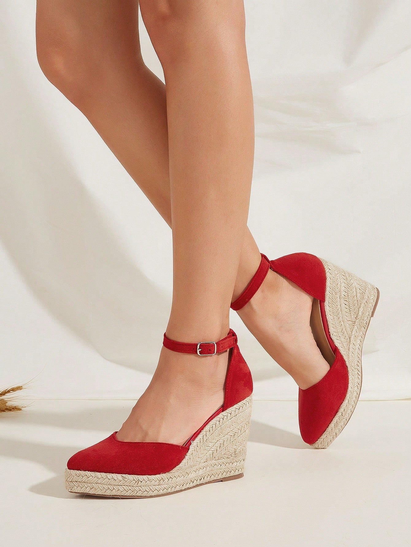 Red Faux Suede Weaved  Rope Bottom Hollow Out Women Wedge Heels & Thick Sole Shoes