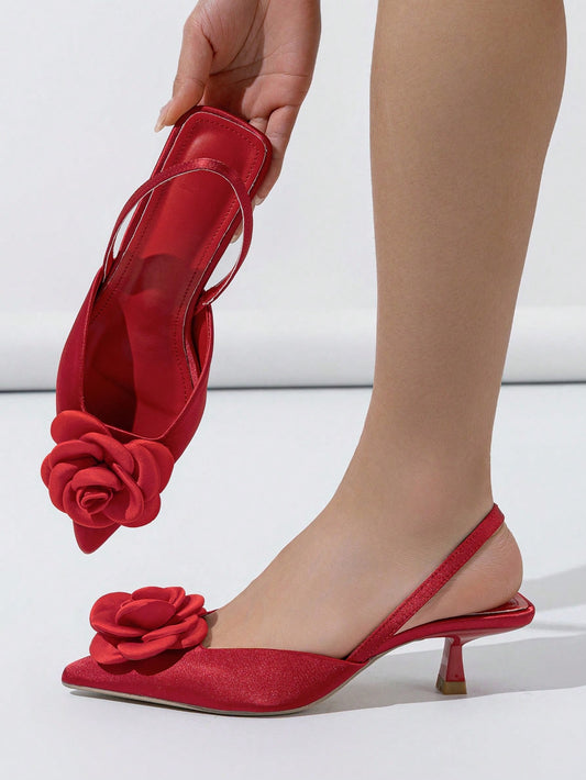 Women Fashionable, Elegant & Comfortable Red Pointed-Toe High-Heeled Shoes With 3D Floral Design - Simple & Chic Style