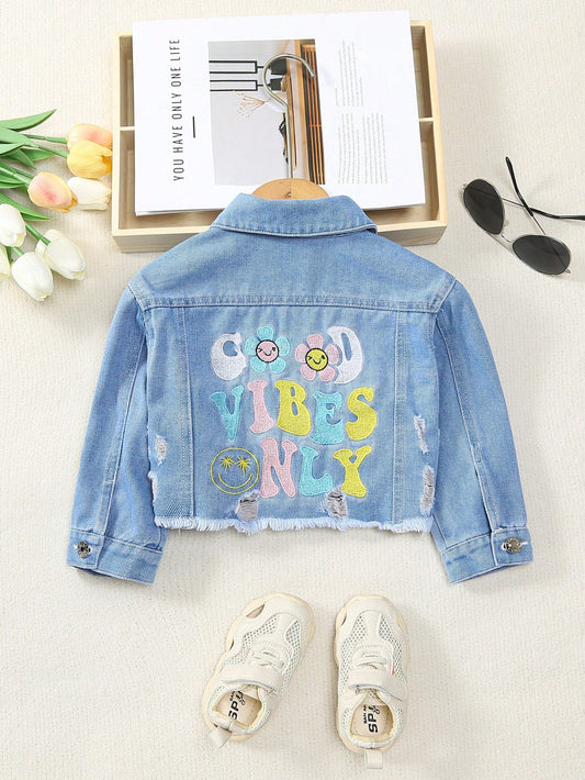 Young Girls Daily Fashionable Letter Embroidery Ripped Short Denim Jacket Coat