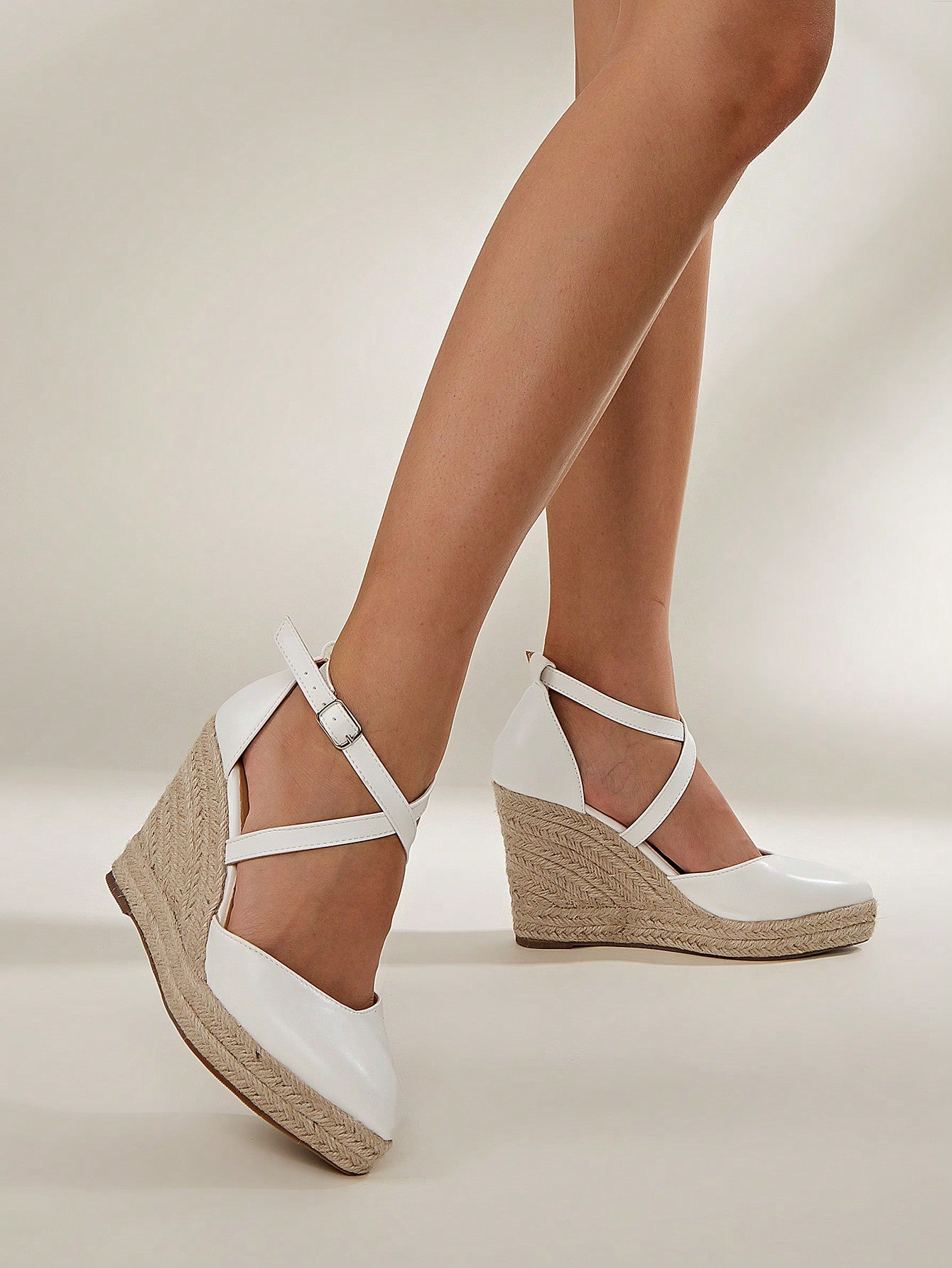 White Woven Upper Hollow Out Women Wedge Sandals & Thick Bottom Shoes With Rope Sole