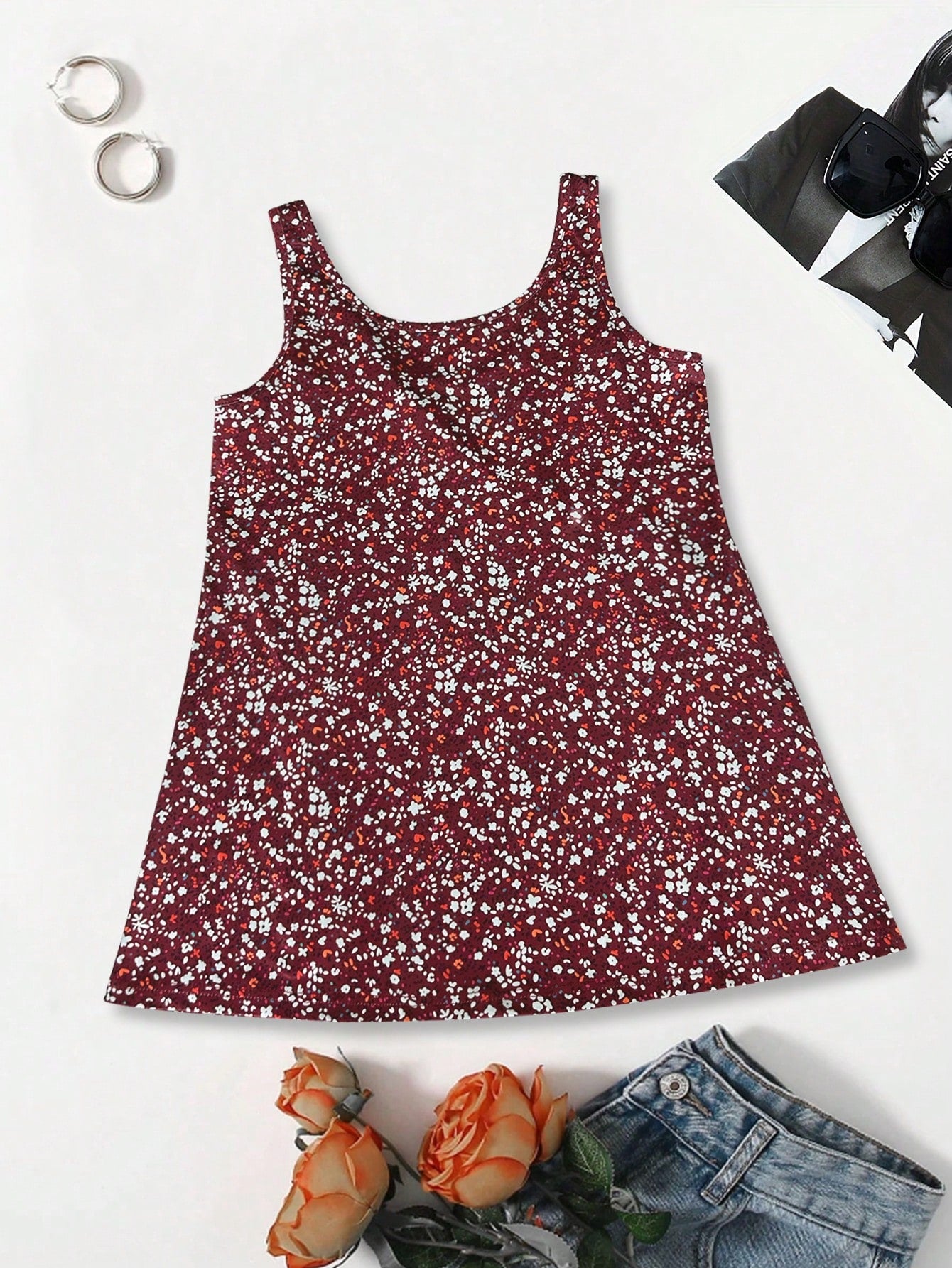 Summer Fashionable Vacation Style Small Floral Print Pleated Tank Top