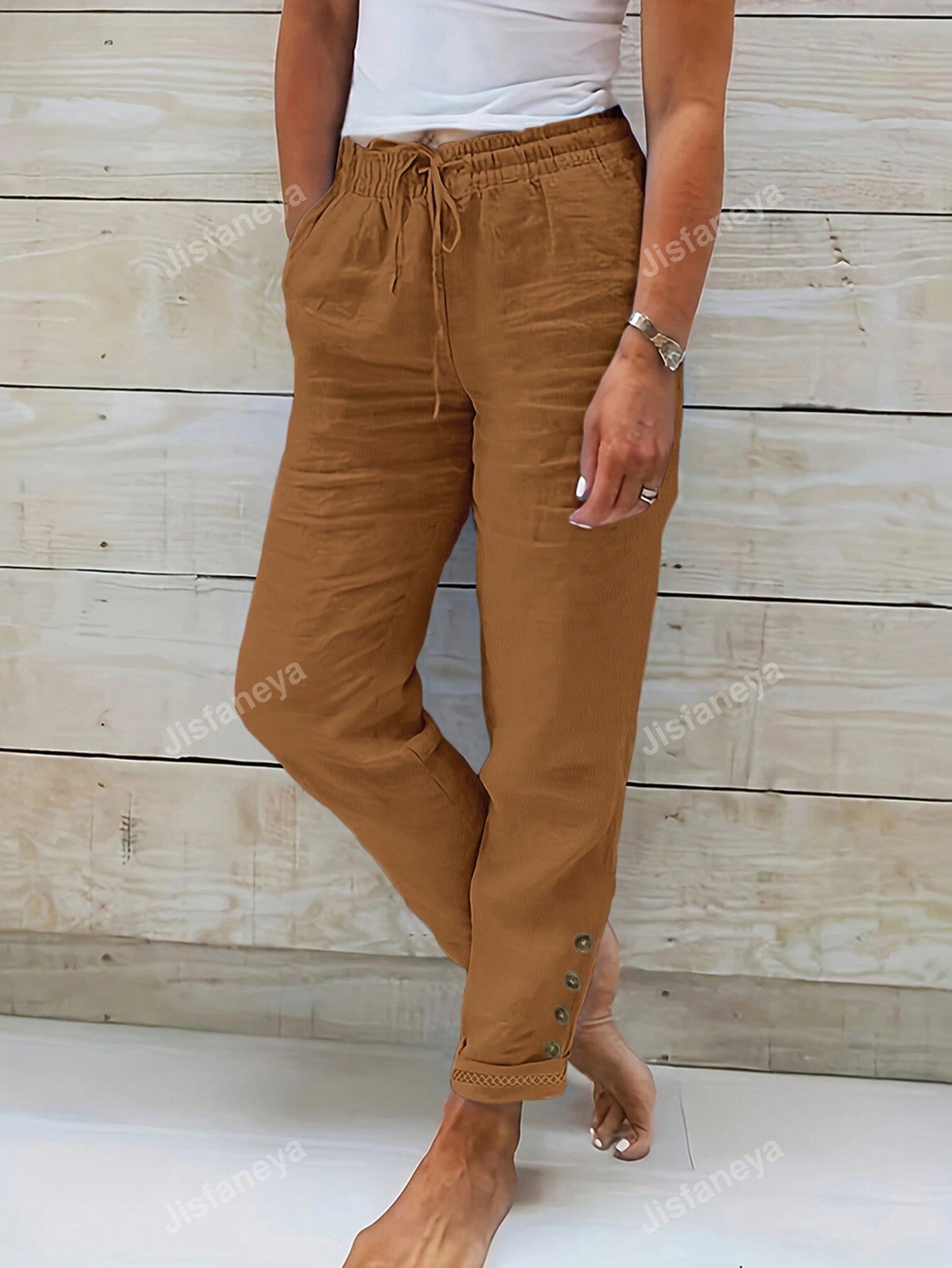 Solid Color Button & Drawstring Detail Waist Pants