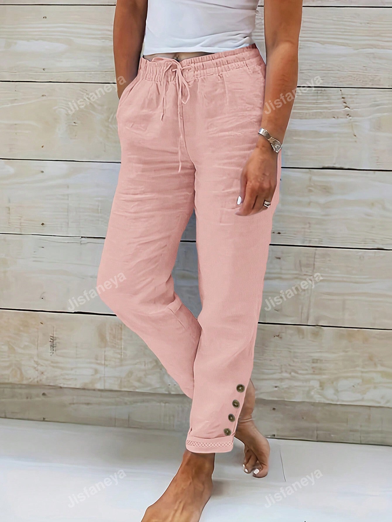 Solid Color Button & Drawstring Detail Waist Pants