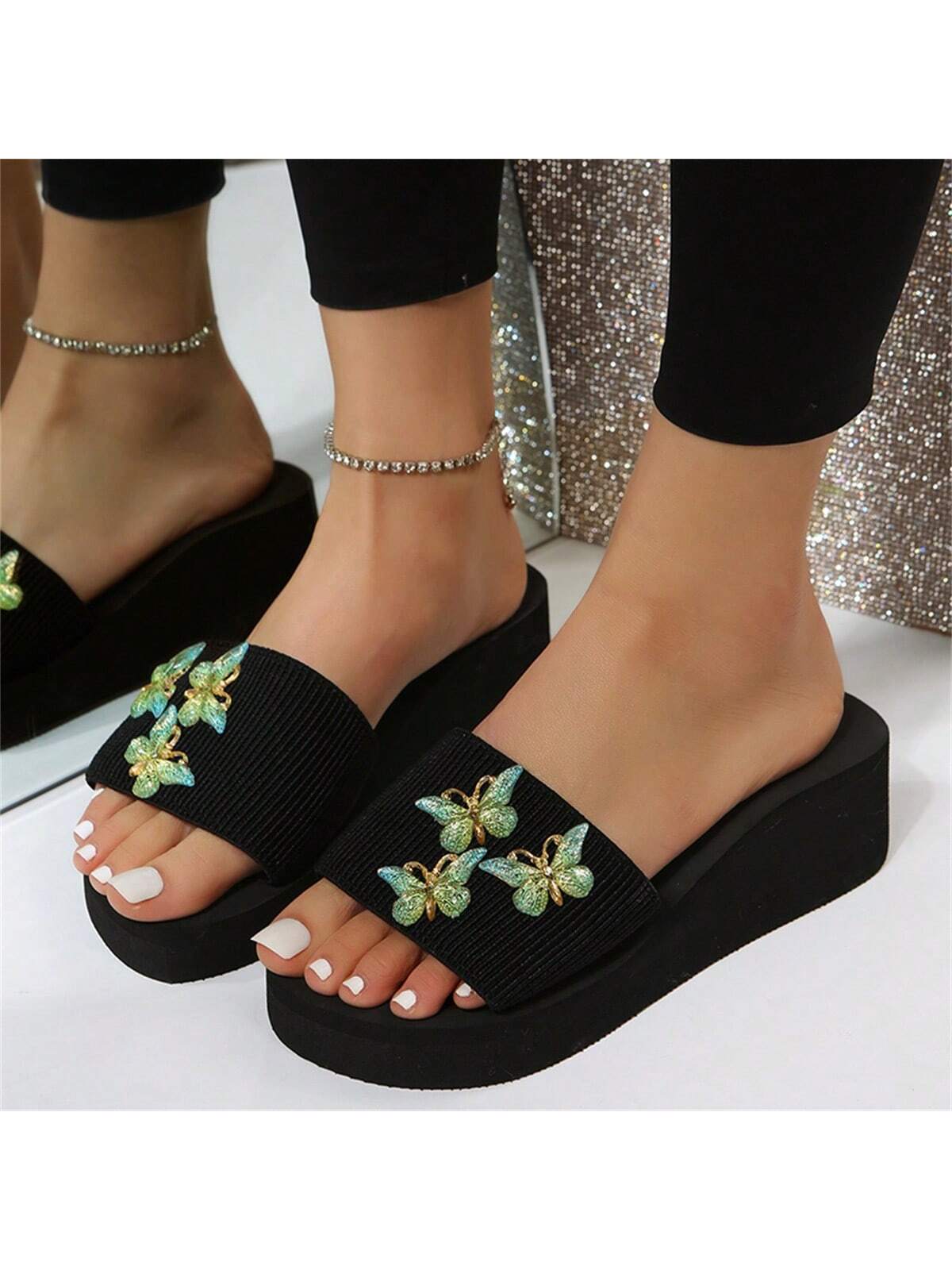 Rhinestone Butterfly Decor Wedge Sandals