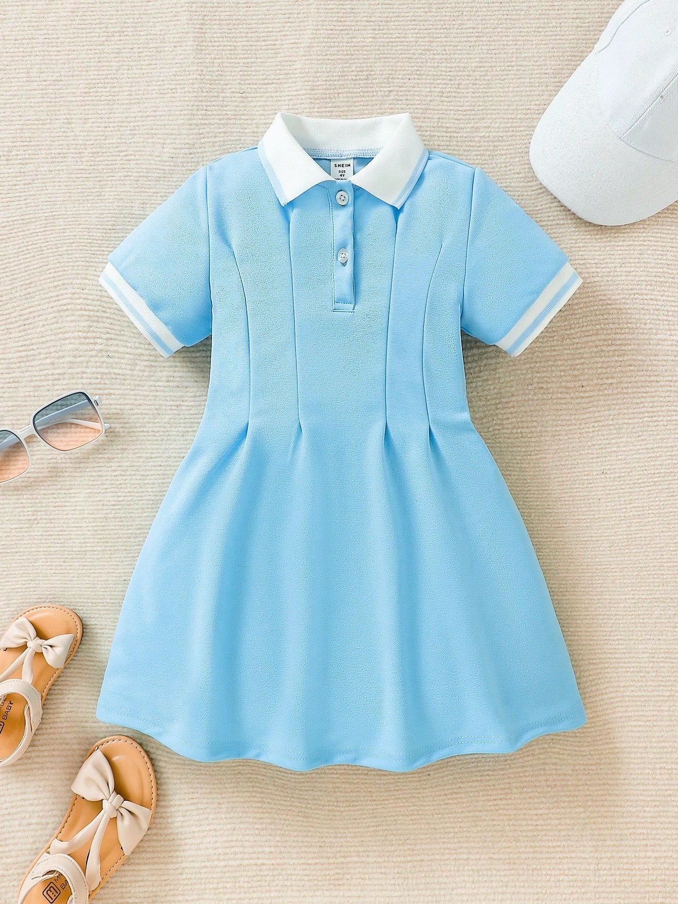 Young Girl Color Block Square Neck Short Sleeve Dress For Summer