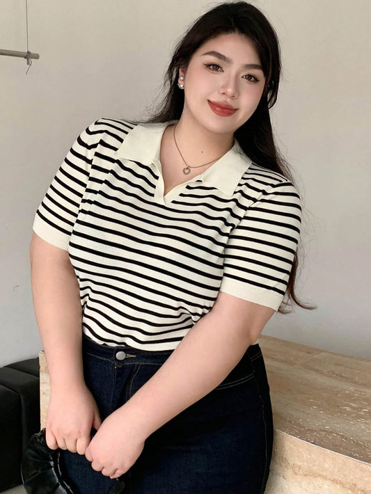 Plus Plus Size Loose Striped Collar Patchwork Casual Short Sleeve Knitted Top