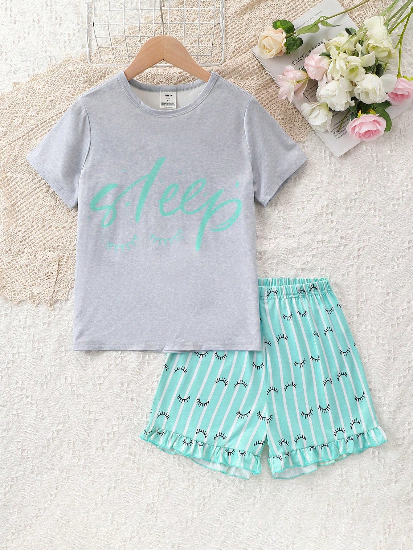 Tween Girl Letter Graphic Tee & Striped Ruffle Trim Shorts PJ Set