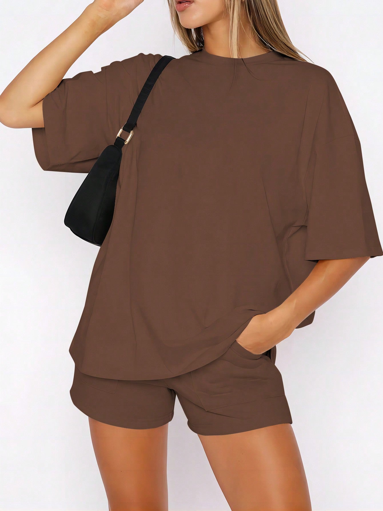 Women Solid Color Drop Shoulder Sleeve Spring/Summer T-Shirt And Shorts 2-Piece Set