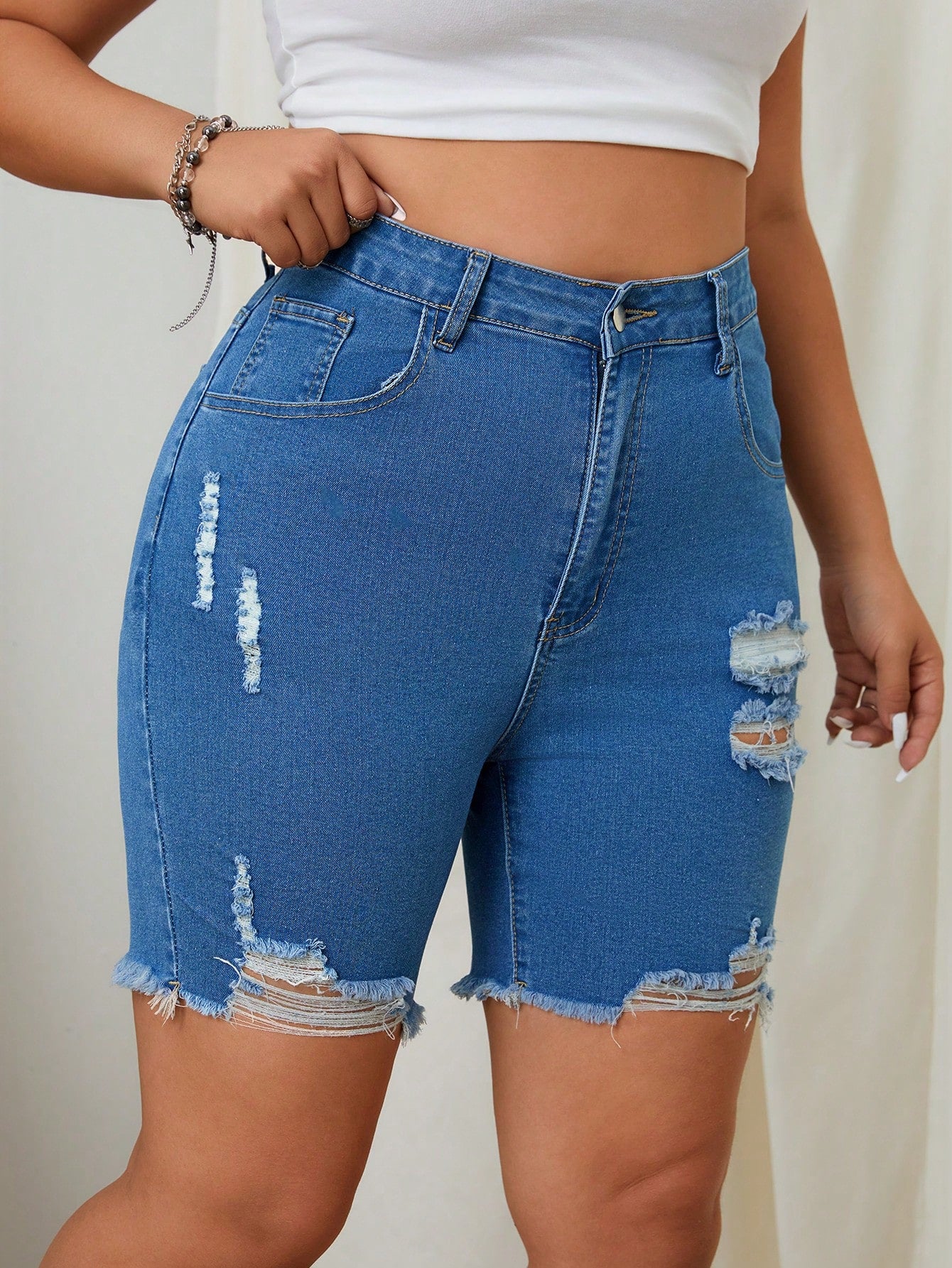 Plus Size Solid Color Denim Shorts With Pockets, Rips And Frayed Hem