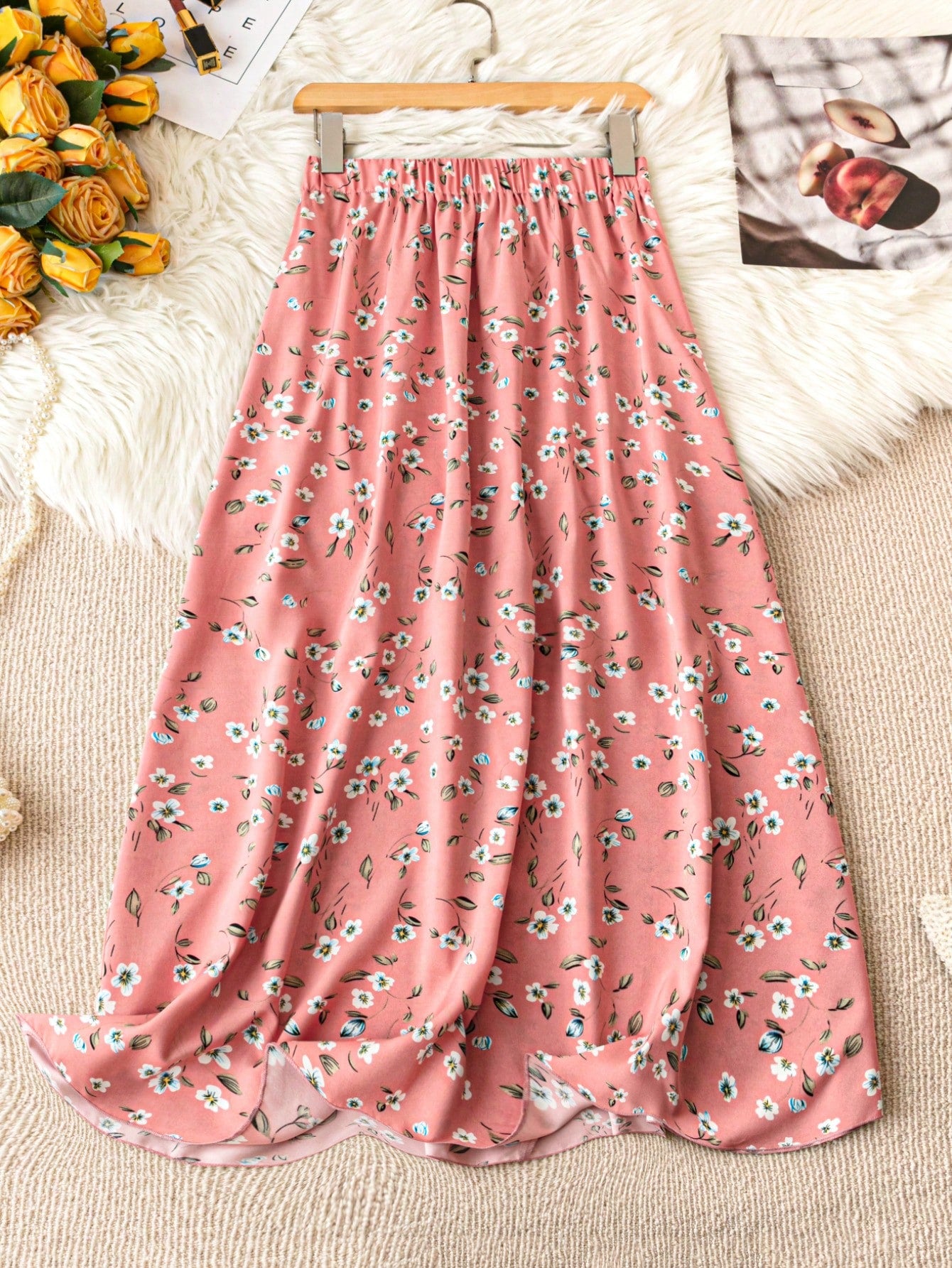 Summer Casual Elastic Waist Ditsy Floraled Skirt With Small Flower Print