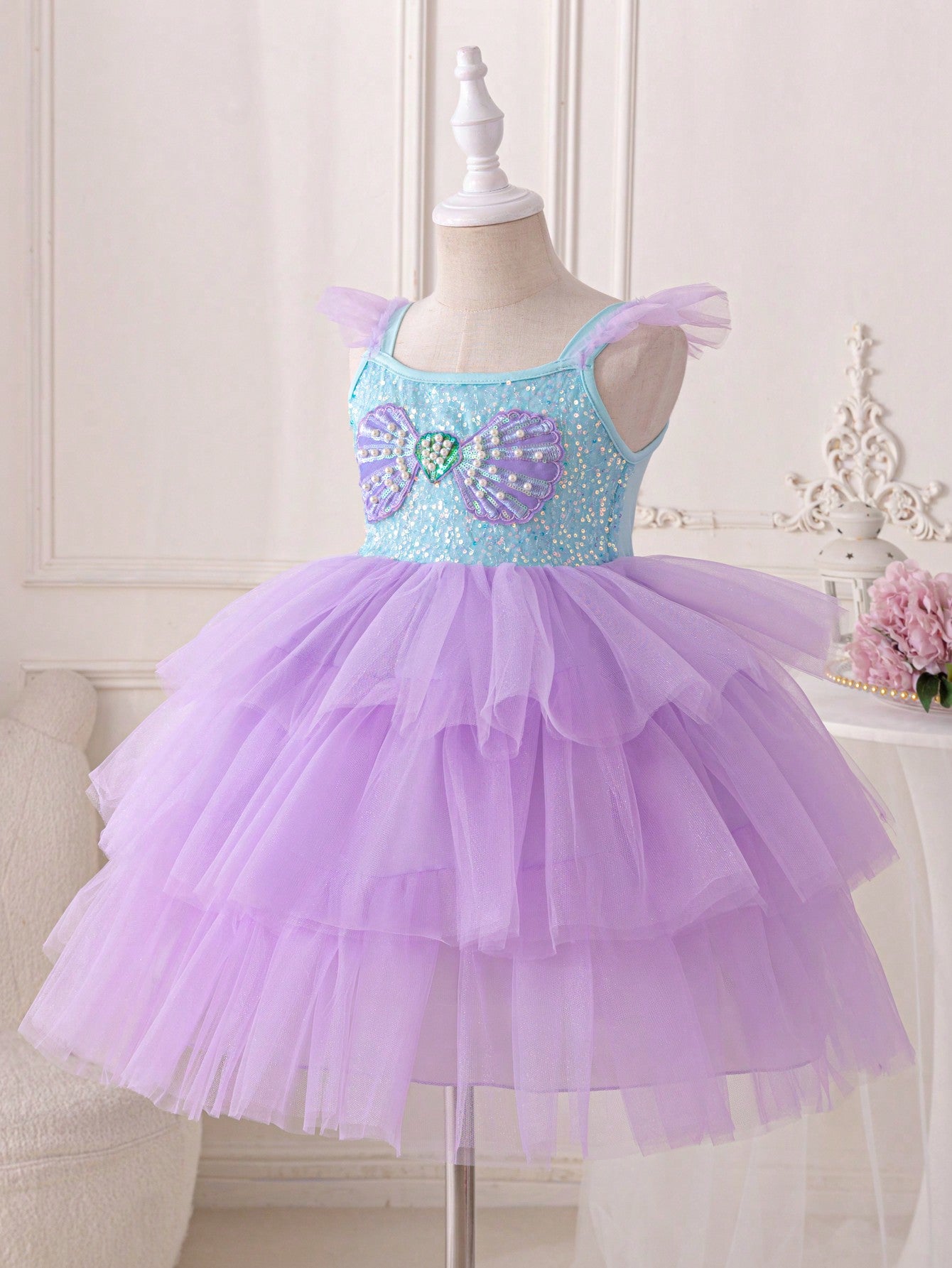 Blossomsprite Kids Young Girl Birthday Party Holiday Mermaid Princess Cake Dress With Short Flared Sleeves, Exquisite Dress With Purple And Green Shell Shaped Beads, Faux Pearls And Mesh