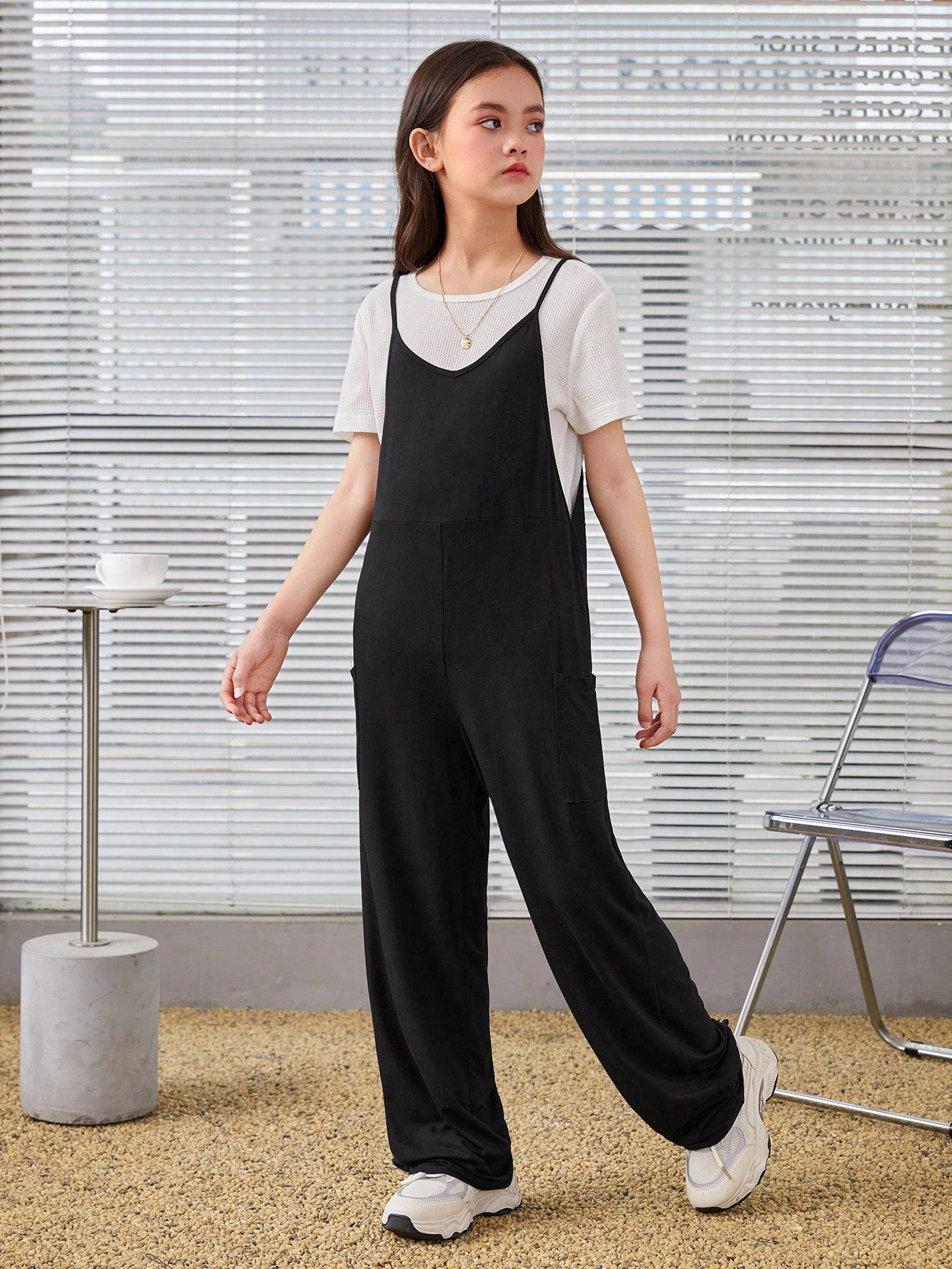 Tween Girl Casual Knit Solid Color V-Neck Strappy Jumpsuit For Spring/Summer