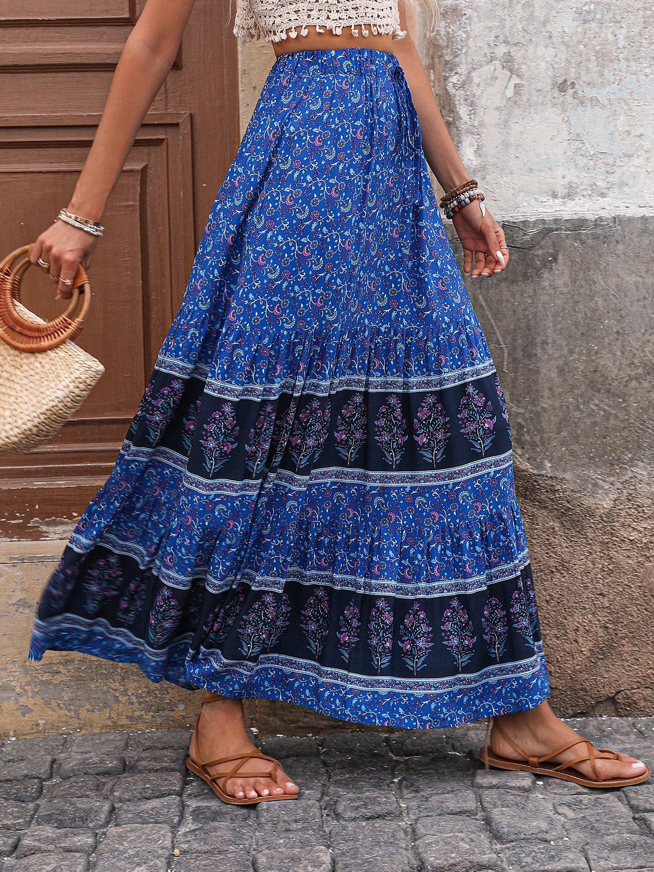 Women Color Block Butterfly Printed Maxi A-Line Skirt For Vacation