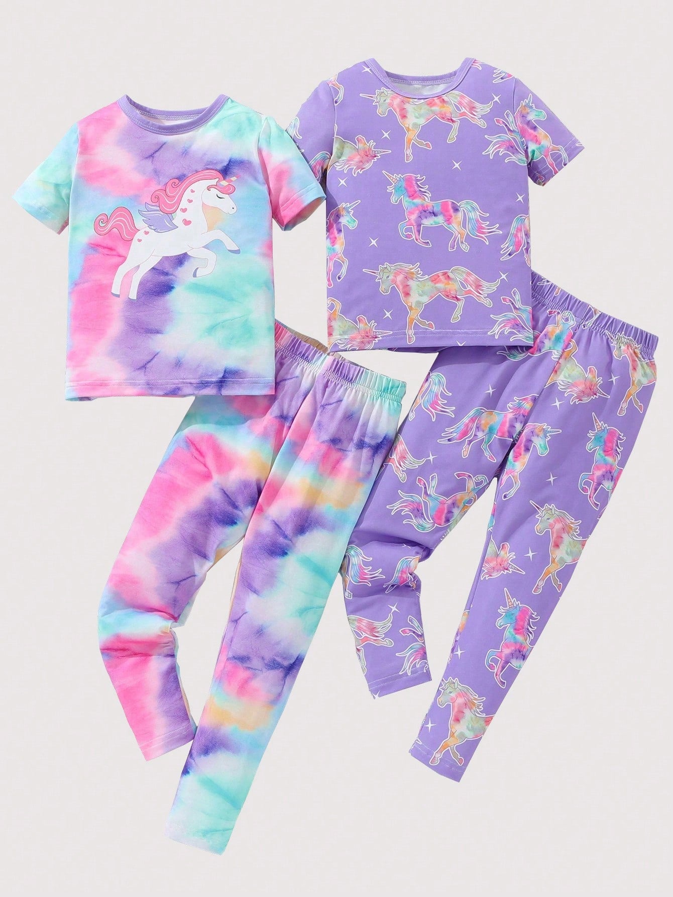 Young Girl's  Unicorn Print Short Sleeve Top And Long Pants Set, Casual Snug Fit Homewear